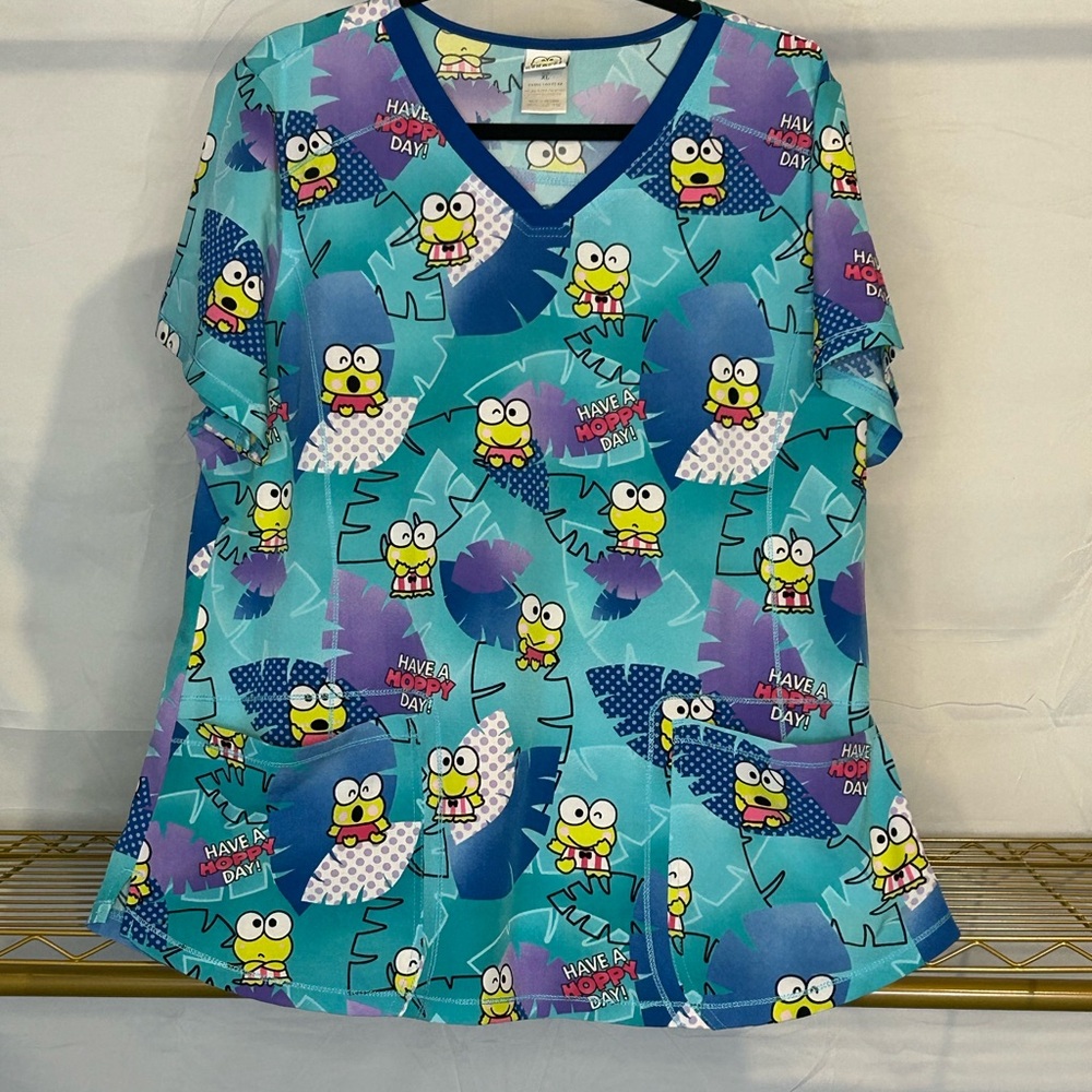 Keroppi Graphic Blue and Green Relaxed Short Sleeve Scrub Top